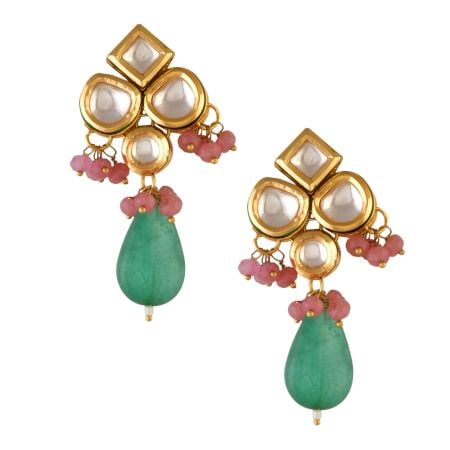 Mirror Petal Cluster Earrings with Pink Beads & Green Teardrop Pair